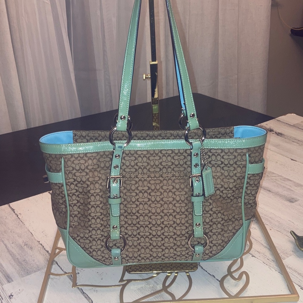Vintage Coach  East West Gallery Monogram Tote with Mint Trim and Blue Interior